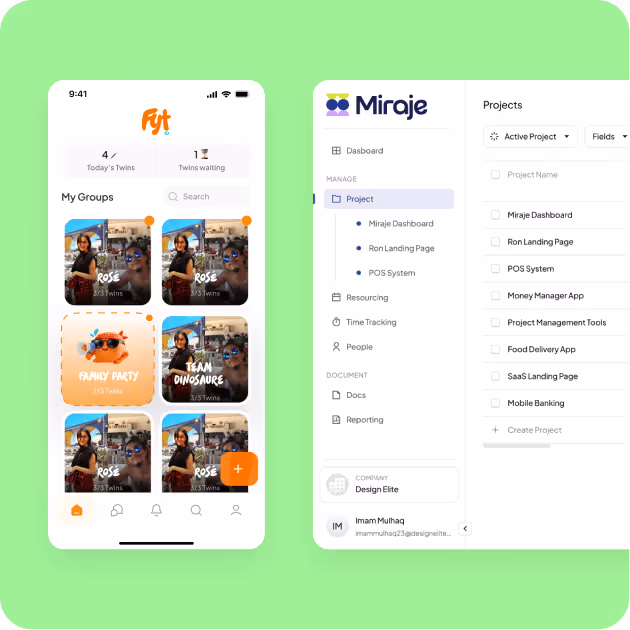 Mobile app screen showing group cards with photos and names, alongside a project management web dashboard with project list and navigation menu.