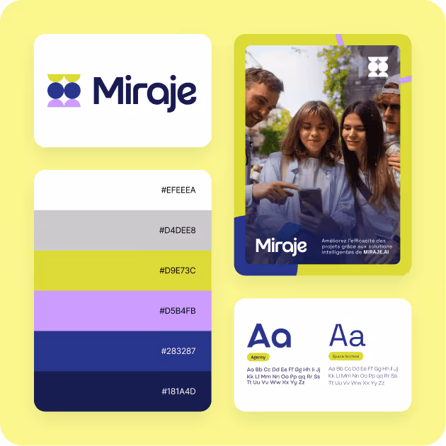 Moodboard de l'identité visuelle Miraje : logo, palette chromatique et typographies conçus par DesignElite