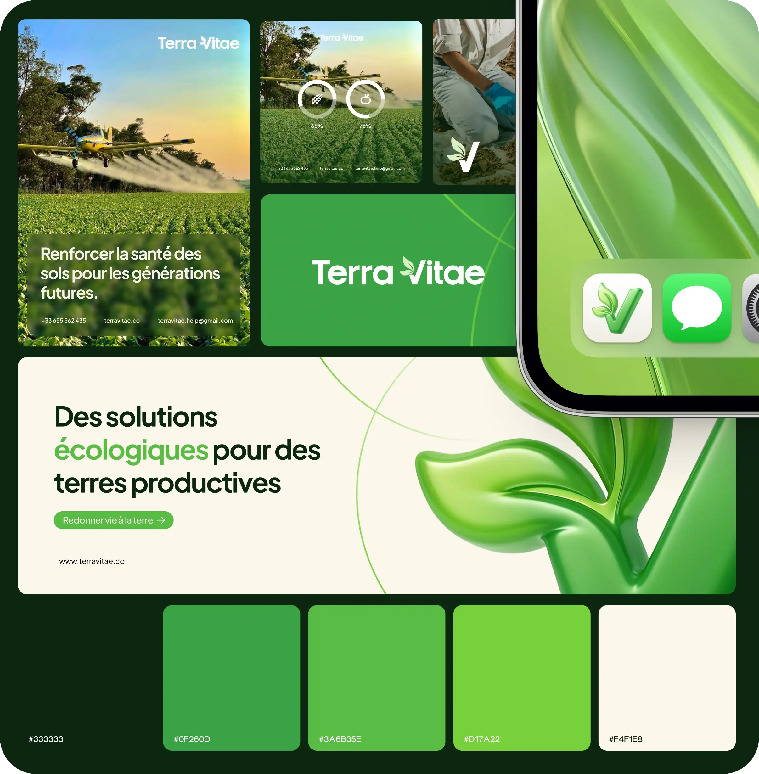 Présentation de la marque Terra Vitae avec images d'un avion agricole au-dessus d'un champ, un agriculteur en gants bleus, logo Terra Vitae, slogan « Des solutions écologiques pour des terres productives » et une palette de couleurs verte et beige.