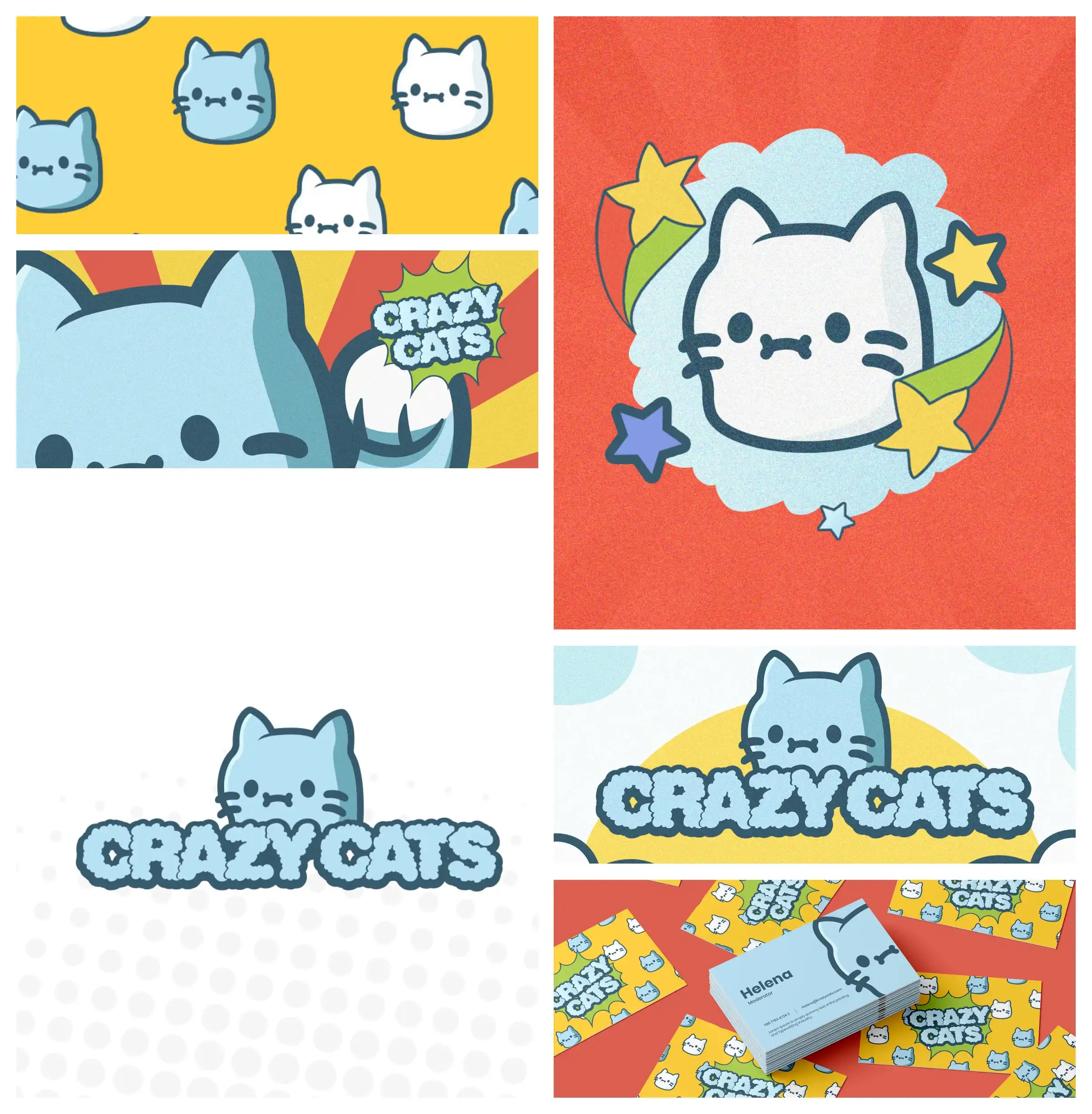 Collage de dessins et de motifs représentant des têtes de chat stylisées en bleu et blanc avec le texte « Crazy Cats » dans un style de bande dessinée colorée.