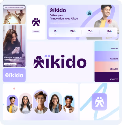 Présentation de la marque Aïkido avec logo inspiré de la ceinture martiale d'Aïkido, palette de couleurs, photos de jeunes souriants, et statistiques d'expérience, produit, clients satisfaits et membres de l'équipe.