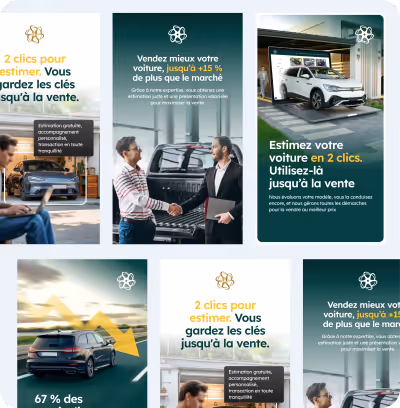 Publicités pour estimation et vente de voitures, montrant des personnes, une voiture électrique blanche, un homme et un acheteur se serrant la main, et une voiture noire avec une flèche jaune vers le bas.