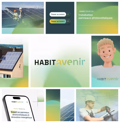 Montage montrant des panneaux solaires sur un toit, un logo HABITavenir, un travailleur avec casque, et une interface mobile avec texte sur les panneaux photovoltaïques.