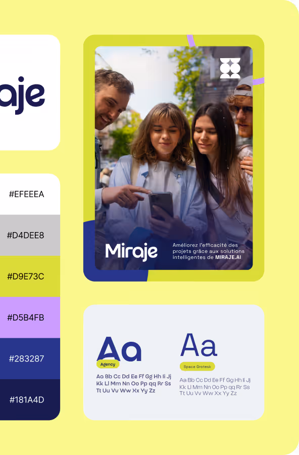 Quatre jeunes regardant un smartphone ensemble, avec texte en français sur l'efficacité des projets et des solutions intelligentes de MIRAGE.AI, entouré d'échantillons de couleurs et polices de caractères.