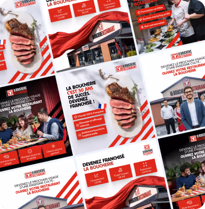 Collage promotionnel de La Boucherie Restaurant montrant des steaks tranchés, le restaurant, des clients heureux en train de manger, et des informations sur la franchise.