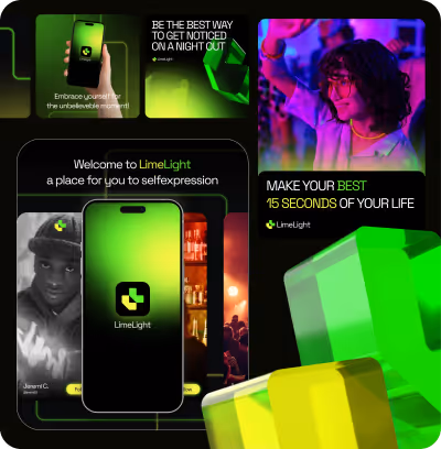 Montage d’une application LimeLight avec téléphone affichant le logo, photos de personnes, et textes promouvant l’expression de soi et l’importance de 15 secondes mémorables.