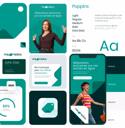 Présentation de l'identité visuelle de ma-reduc avec logo, polices Poppins, exemples d'utilisation sur smartphone et cartes, et palette de couleurs.