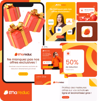 Publicité MaReduc avec cadeaux rouges à ruban doré, promotion de 50% de réduction, et incitations à ne pas manquer les offres exclusives en ligne.