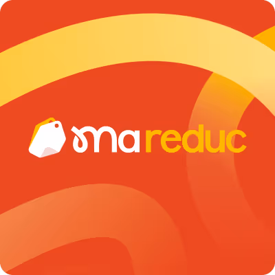 Logo Ma Reduc avec une étiquette de prix stylisée sur un fond rouge avec des formes jaunes et orange.