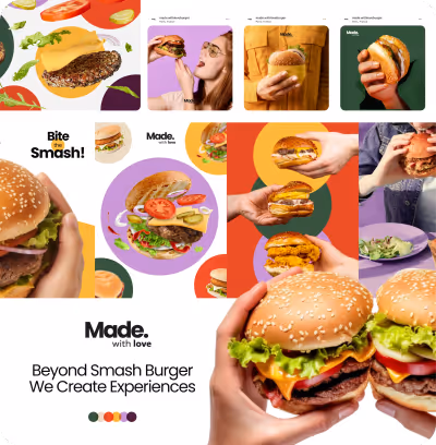 Montage de plusieurs hamburgers avec ingrédients frais, personnes les tenant et mangeant, mettant en avant la marque Made with love et le slogan Beyond Smash Burger We Create Experiences.