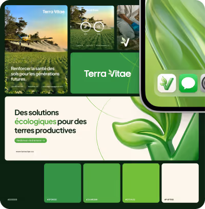 Présentation de la marque Terra Vitae avec images d'un avion agricole au-dessus d'un champ, un agriculteur en gants bleus, logo Terra Vitae, slogan « Des solutions écologiques pour des terres productives » et une palette de couleurs verte et beige.