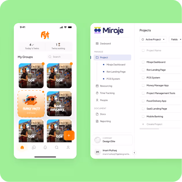 Mobile app screen showing group cards with photos and names, alongside a project management web dashboard with project list and navigation menu.