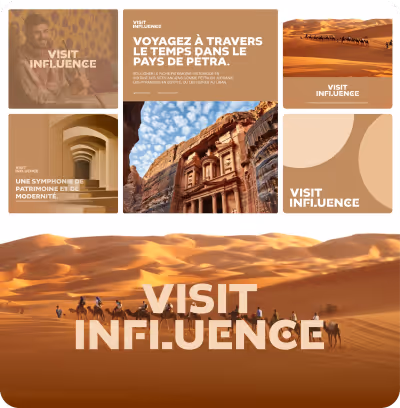Collage présentant des images culturelles et désertiques, y compris des chameaux dans le désert, un homme avec un châle, des ruines de Petra, et des architectures historiques avec le texte Visit Influence.